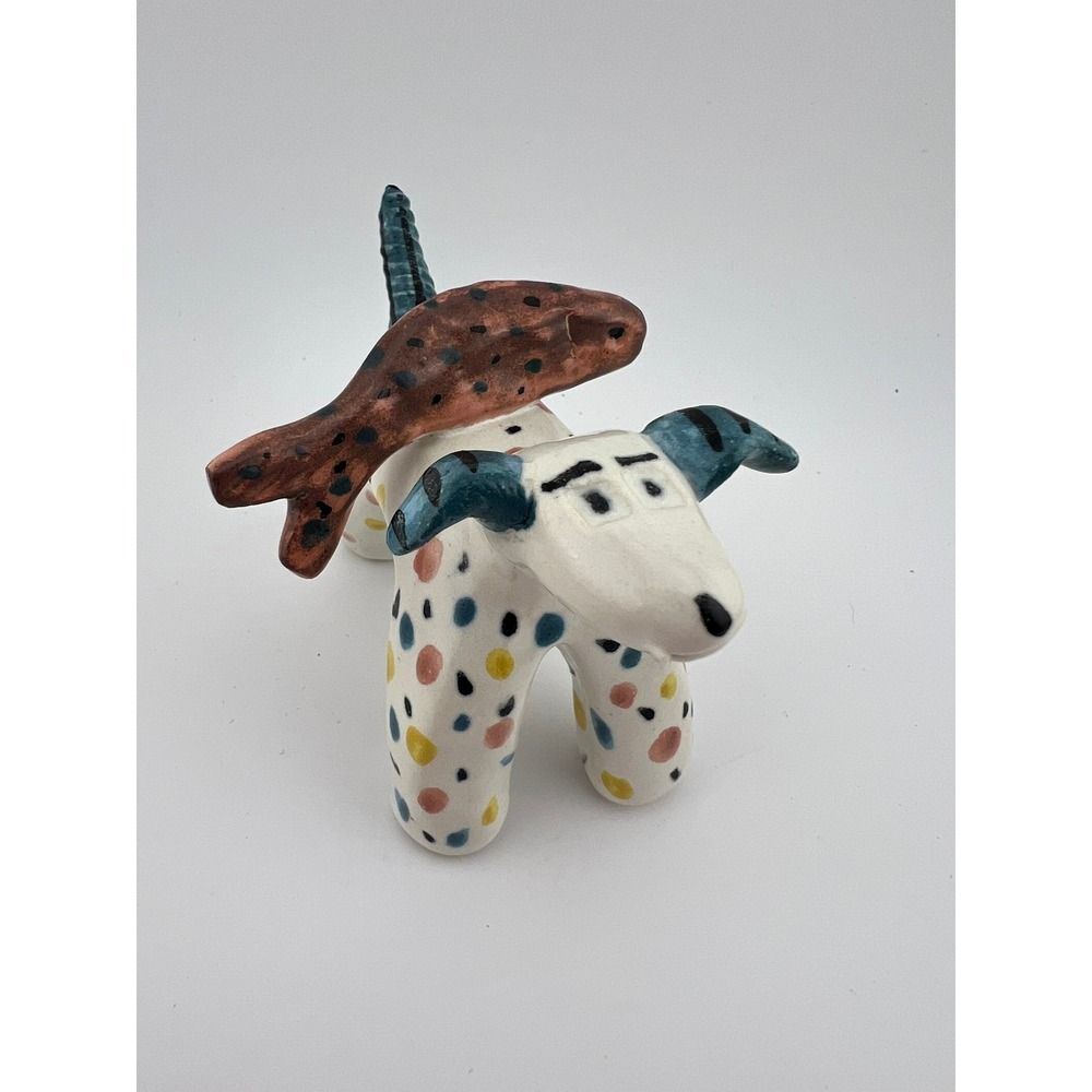Funky Juju Ceramic Dog Figurine With Fish Semi Gloss Spotted 3.5"